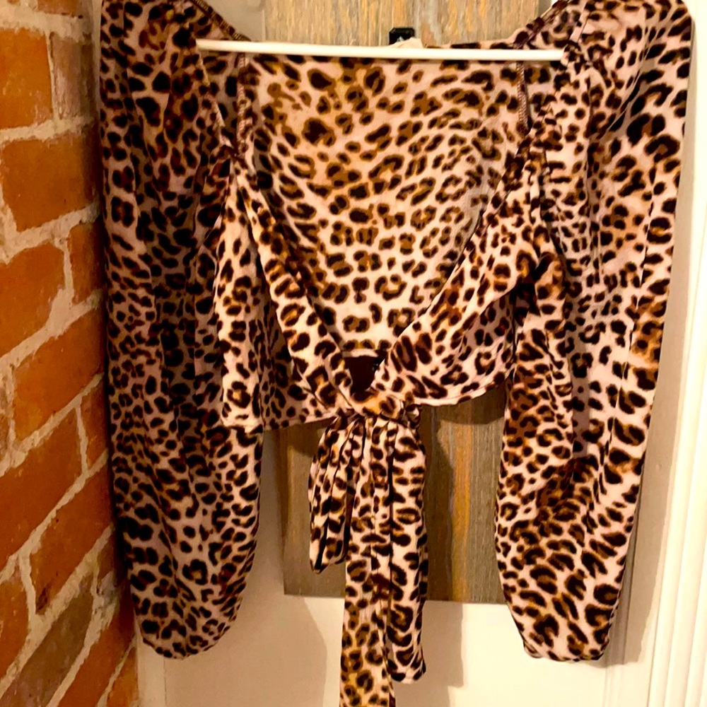 Wrap-tie leopard blouse, long sleeve, cropped top.